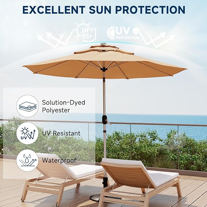 9FT 3-Tier Aluminum Outdoor Patio Umbrella, Fade-Resistant Market Umbrella with Push Button Tilt Function, 8 Sturdy All-Aluminum Ribs for Gardens, Patios, Backyards & Pools