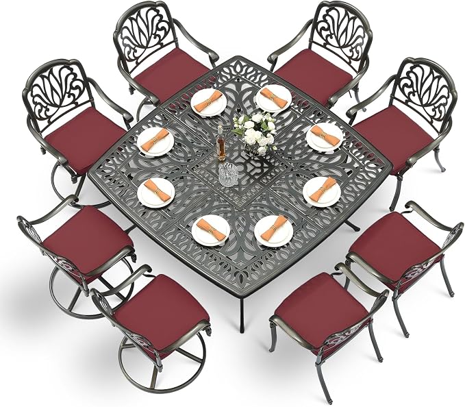 VIVIJASON 9-Piece Outdoor Furniture Dining Set for 8, Cast Aluminum Patio Table and Chairs Set with 4 Stationary Chairs, 4 Swivel Rocker Chairs, 64" Large Square Dining Table, Umbrella Hole, Red