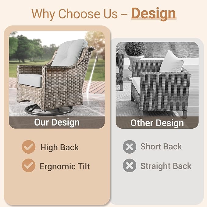 HOOOWOOO Patio Furniture Set,6 Pieces Wicker Outdoor Furniture,High Back Conversation Set with All Weather Resistant Fire Pit Table Couch Swivel Chairs,Light Gray