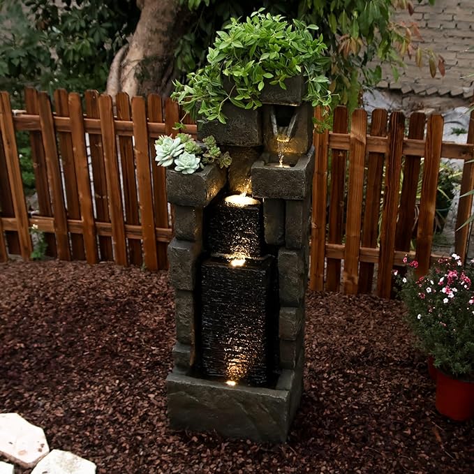 YZM 42.72" H Modern Stacking Bricks Water Fountain Outdoor Cascading Waterfall Fountains with Led Lights for Gardens Landscaping Patios Balconies and Lawns Decor for Outside