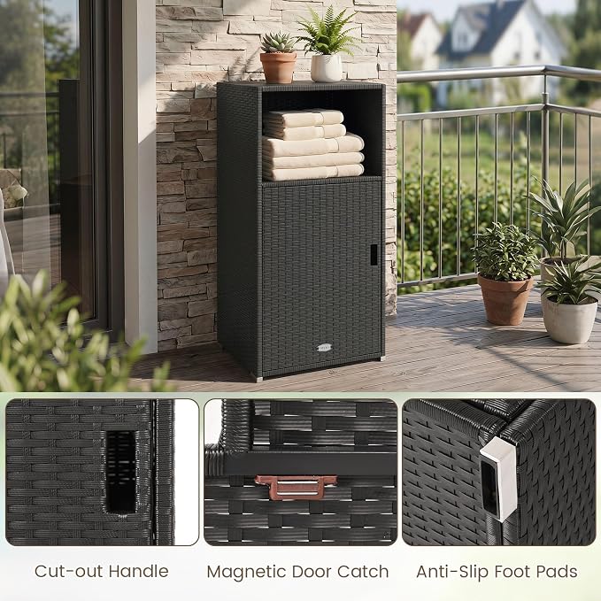 Tangkula Rattan Outdoor Storage Cabinet, Patiojoy PE Wicker Outdoor Cabinet with 3 Storage Shelves, Open Compartment and Door, Patio Storage Deck Box for Porch, Poolside, Backyard