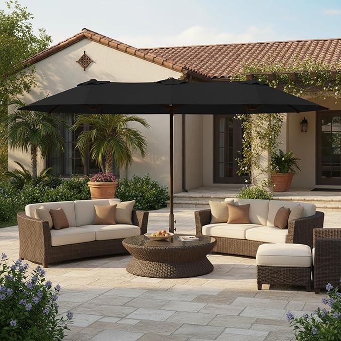 15FT Large Patio Umbrella with Base, Double Sided Rectangular Outdoor Umbrella with Sturdy Fiberglass Ribs, UPF 50+ Sun Protection, Wind-Resistant, Waterproof Fade-Resistant Fabric for Pool, Garden, Backyard, Deck(Black)