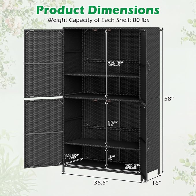 Tangkula Rattan Outdoor Storage Cabinet, Patiojoy Outdoor Cabinet with 2 Adjustable Shelves, 4 Doors, Patio Storage Deck Box Table for Patio Garden Poolside