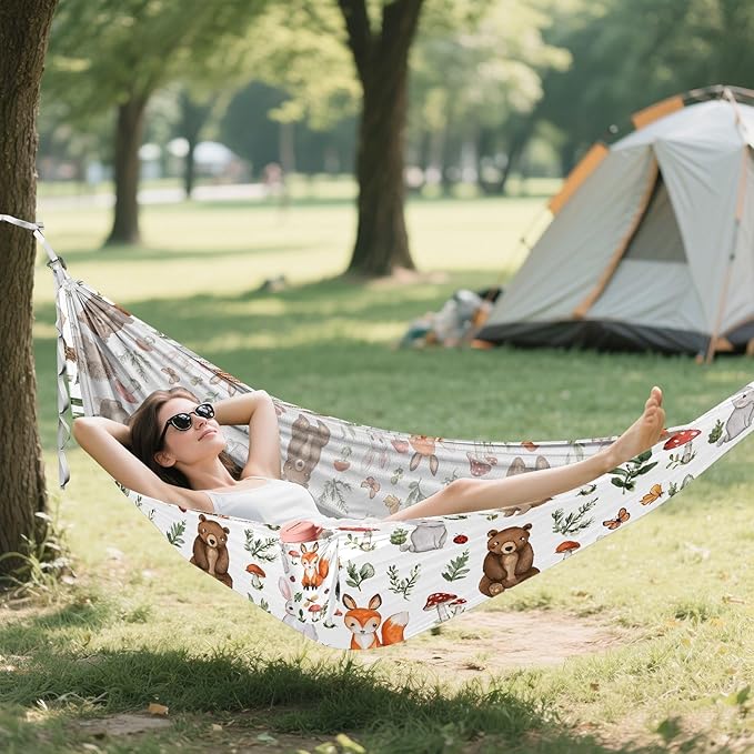 Camping Hammock Outdoor Hammocks for Outside Woodland Animals Beach Trees Portable Lightweight with Pockets Tree Straps Indoor