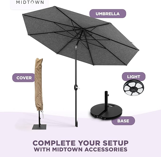 Midtown Umbrellas – The Lean 9 Ft Patio Umbrella with 10-Year-No-Fade Acrylast Acrylic Fabric, Auto-Tilt and 8 Reinforced Ribs for Deck, Pool, Garden, Hotel & Cafes – Stonecast Grey Canopy, Black Pole