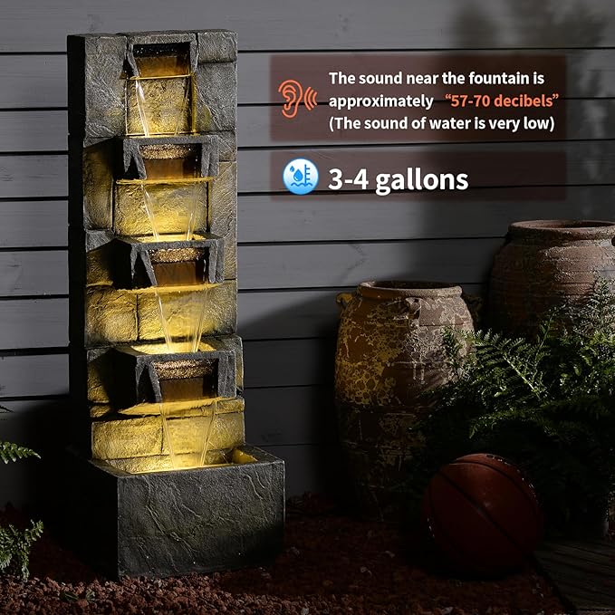 Tiered Outdoor Water Fountain Garden - 41'' Tall Patio Fountains Outdoor Water Feature with Light, Resin Cascading Waterfall Feature Stone Texture Waterfall for Yard Patio Porch Outside, Gift