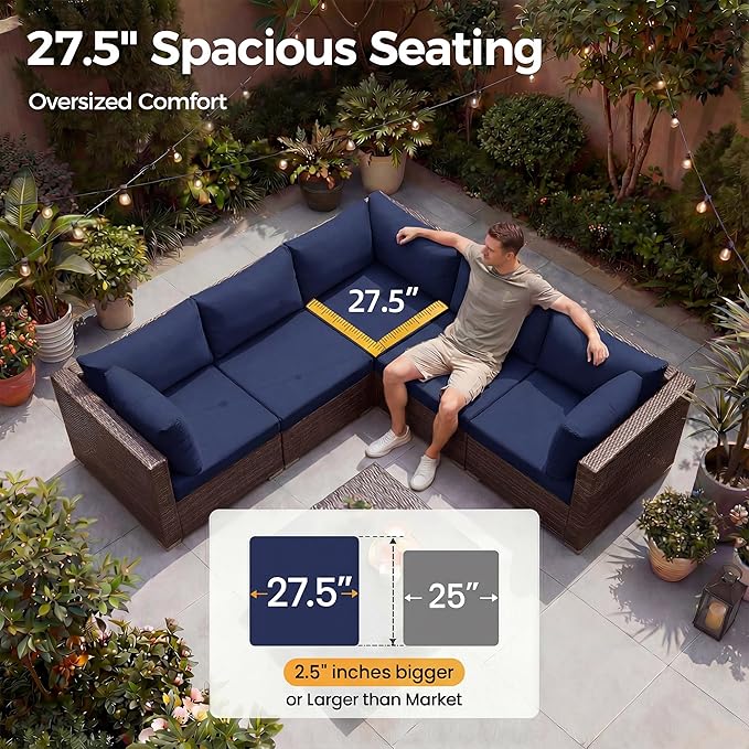 NICESOUL 7 Piece Large Size Patio Sectional Furniture Set with Firepit Propane/Natural Gas, 29.3'' High Back Outdoor Sofa Conversation Couch, Tall Wide Deep Sitting, Brown Rattan and Navy Cushion