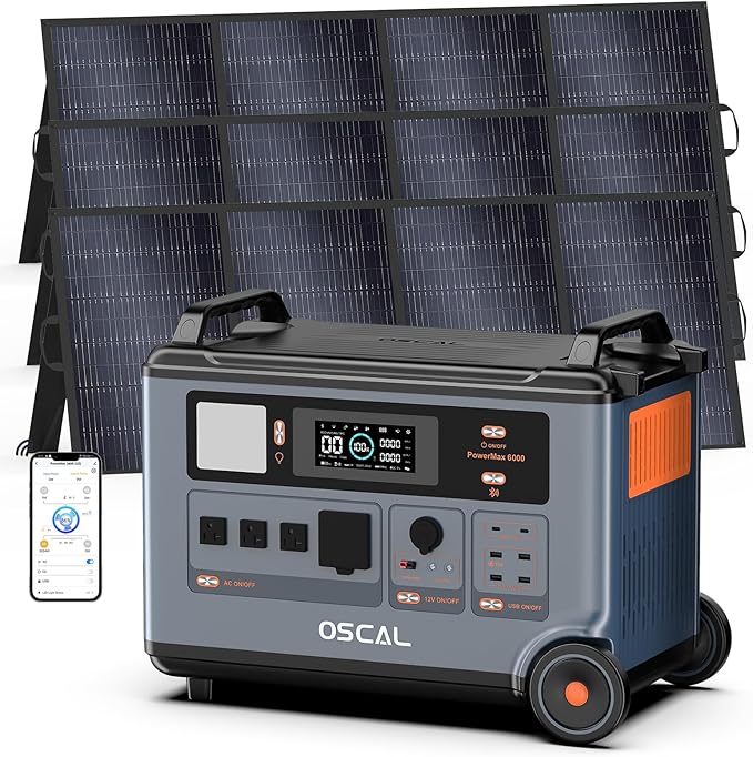 Powermax 6000W(9000W Peak) Portable Solar Power Station, 3600Wh LiFePO4 Battery with 3x400W Solar Panels, 1.6H Fast 2400W Solar Charging Generator for Camping, RV, Home Backup, Emergency