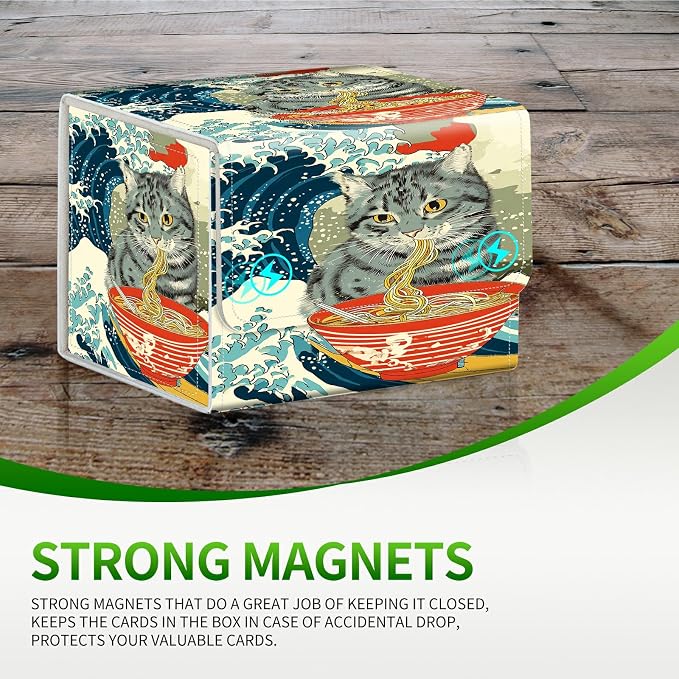 Card Deck Box for MTG, Cards Storage Box Fits 120+ Sleeved, Leather Small Size Strong Magnetic Closing Card Case for Board Games Magic TCG CCG Baseball Collection, Wave Noodles Cat
