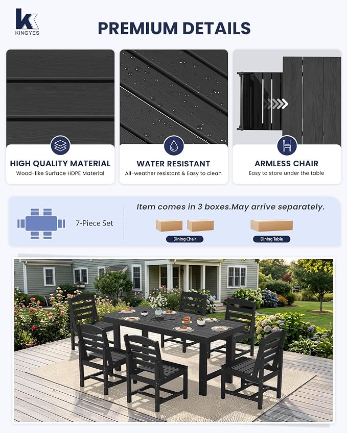KINGYES 7-Piece Patio Dining Set, HDPE Table and Armless Chairs Outdoor Furniture Set with Umbrella Hole, Black