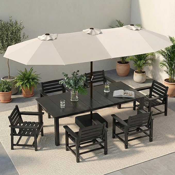 HDPE Outdoor Dining Set for 6, 7-Piece Outdoor Dining Table Set with 15FT Patio Umbrella, Patio Table and Chairs Set with Aluminum Frame & Legs (Black)