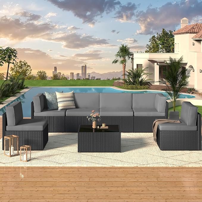 7-Piece PE Rattan Patio Furniture Set with Outdoor Wicker Sectional Sofa and Chairs with Tea Table for Backyard, Garden, Porch, or Deck Conversation Lounge(Gray2)