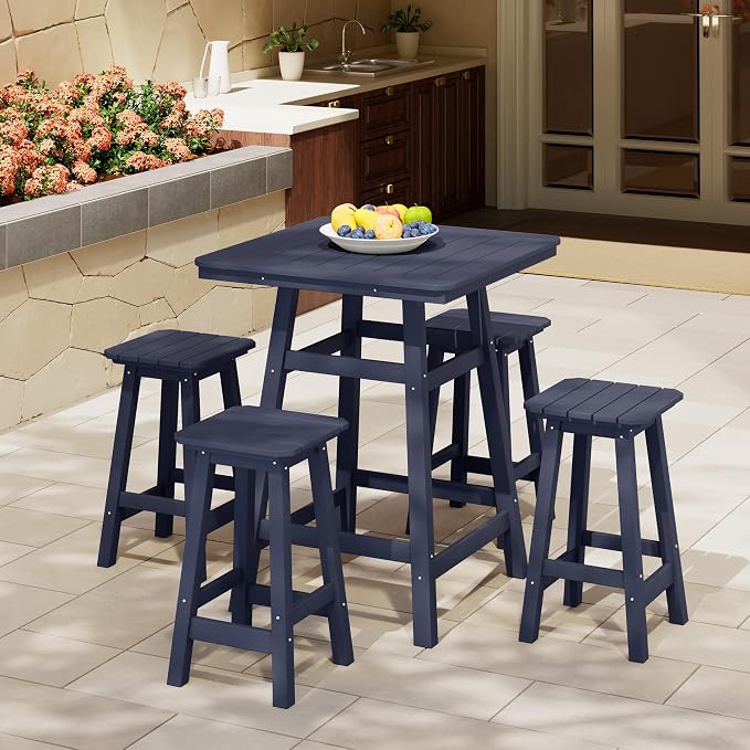 Costaelm Outdoor Bar Table, 37" Counter Height Square Patio Cocktail Bar Table with Umbrella Hole, Patio Bistro Dining Pub Table for Front Porch Deck Backyard Garden, Navy Blue