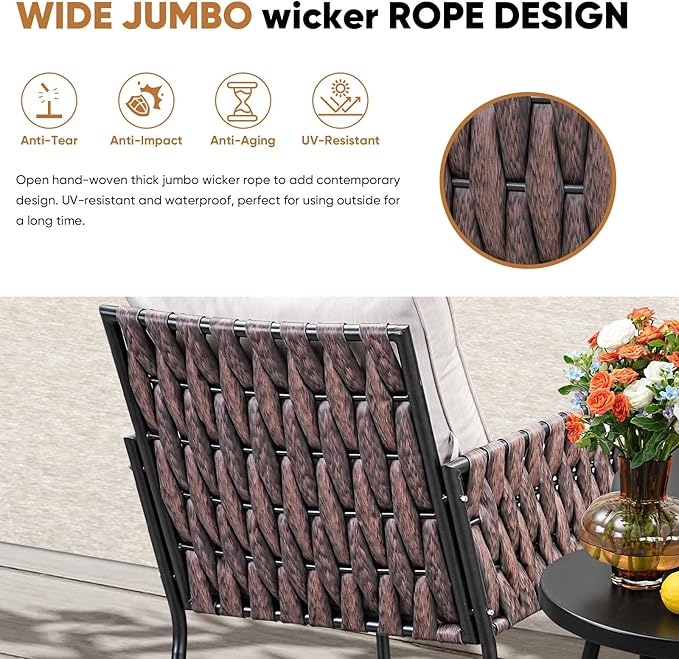 3-Piece Patio Furniture Set, Armchairs with Coffee Table,Modern Wicker Outdoor Conversation Set with Waterproof Thick Cushion for Deck,Backyard,Porch,Beige