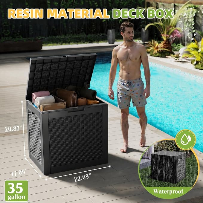 35 Gallon Outdoor Deck Storage Box, All Weather Wicker Look Lockable Storage Bin for Poolside, Backyard & Patio Outdoor Use (Black,35GAL-1)