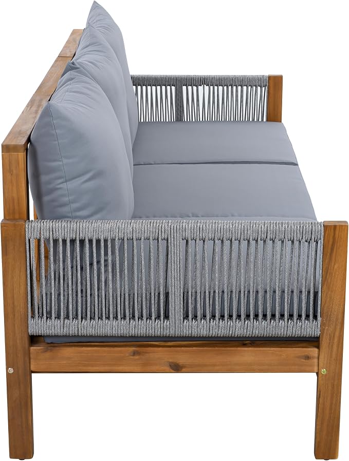 JIVOIT Outdoor Patio Daybed with Rope-Woven Armrests, Convertible Outdoor Sleeper Sofa with Acacia Wood Frame, 3 Seat Patio Sunbed for Backyard, Pool (Gray/85)