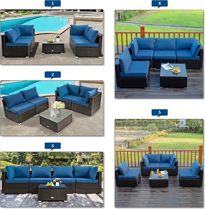 DORTALA 5 Pieces Patio Furniture Set, Outdoor Rattan L-Shaped Corner Sofa Set with Cushions, Coffee Table, Patio Sectional Conversation Set for Backyard Porch Garden Poolside, Navy