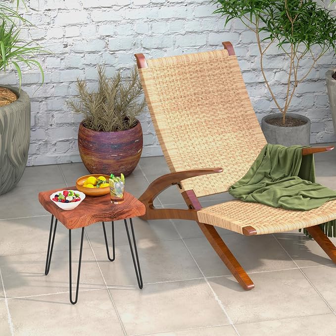 Giantex Teak Wood End Table, Solid Live Edge Outdoor Side Table w/Natural Grain & Heavy-Duty Metal Legs, Rustic Plant Stand for Living Room Patio Balcony, 16" x 16" x 18" (2, Square)