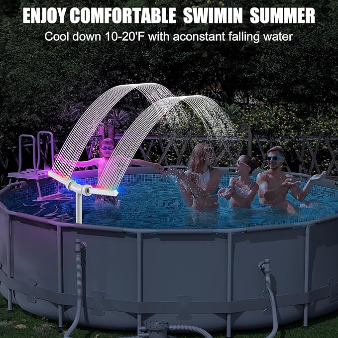 Pool Fountain with Lights for Above Ground Inground Pools Dual Sprayer Sprinkler with 6Lighting Modes+11 Monochromatic Modes+Timer, Pool Lights with Remote, Solar Pool Fountain