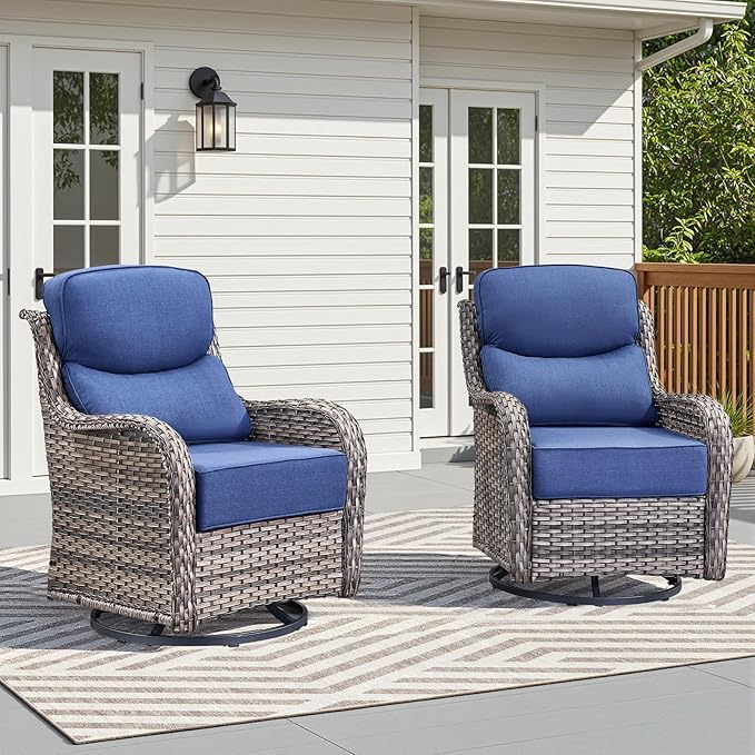 Luxury Wicker Patio Furniture Set-High Back Outdoor Swivel Chairs Set of 2 with 6" Thick Cushions Wide Armrest All Weather Patio Conversation Sets for Deck Porch Balcony(Grey/Blue)