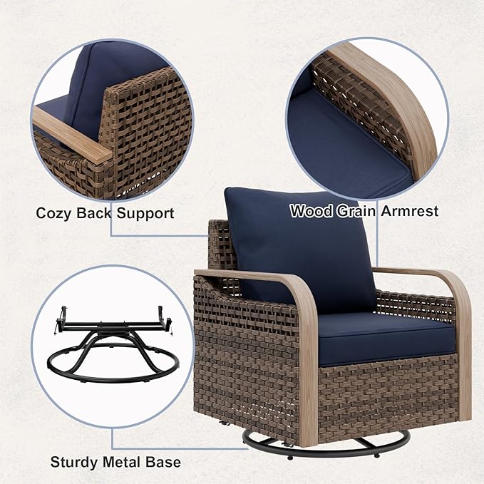 COOS BAY Modern Wicker Outdoor Furniture Set, 5 Piece Patio Conversation Set with 2 Swivel Rockers, a Loveseat, Coffee Table and Side Table, 5 Piece, Brown/Blue