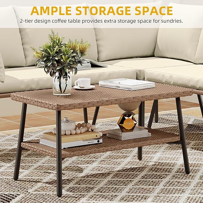 DWVO 4 Pieces Patio Furniture Set Outdoor Wicker Conversation Sectional L-Shaped Sofa with 2-Tier Coffee Table and Thick Cushions Outdoor sectional with 5 Seater for Backyard Porch (Beige)