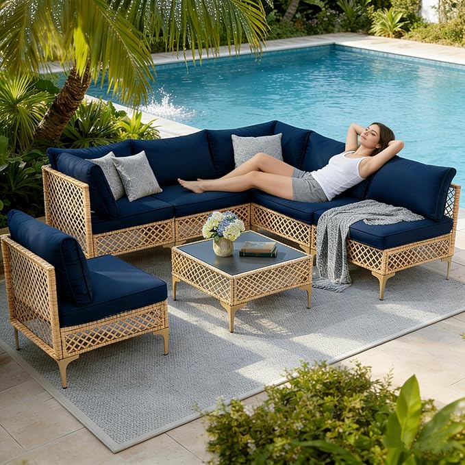 7 Piece Patio Furniture Set, Outdoor Sectional Wicker Conversation Set with Water Resistant Thick Cushions & Coffee Table for Poolside, Backyard, Garden, Yard, Natural/Blue