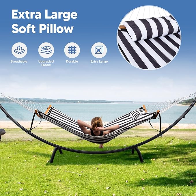 SUNCREAT Hammocks for Outside with Stand, Porch Hammock and Stand, 475 lbs Capacity, Patent Pending, Black & White