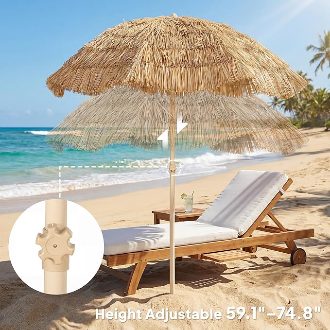 Outsunny 6FT Tiki Umbrella, Outdoor Hawaiian Style Patio Umbrella with 8 Ribs, Carry Bag, Outdoor Tiki Bar, Tropical Palapa for Pool, Beach, Khaki