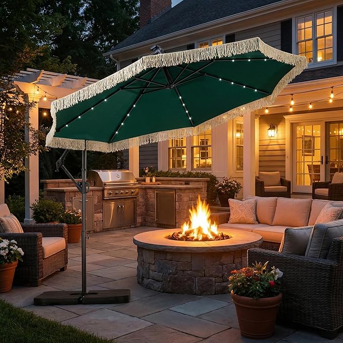 MONDAWE 10FT Cantilever Patio Umbrella with Tassels, 360° Rotation Offset Outdoor Umbrella, Heavy Duty Backyard Shade Umbrella with 180G Fabric for Patio Garden Deck