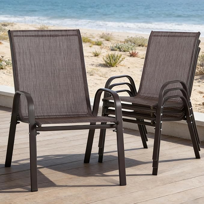 24.4" Wide Outdoor Stackable Chairs Set of 4, Stacking Patio Chairs with Textilene Fabric, Outside Furniture for Garden Backyard Balconie Poolside Deck, Brown