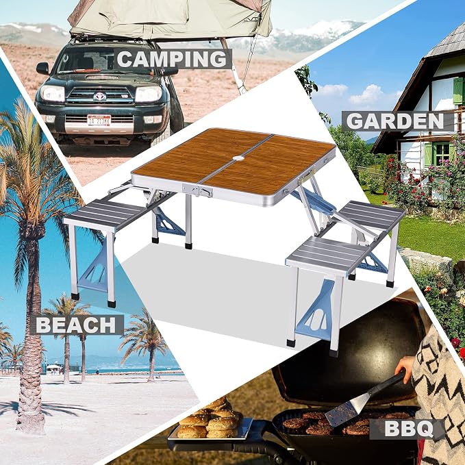 Picnic Table Folding Portable 4-Person Fold Up Travel Camping Table for Indoor, Outdoor Travel, Patio, Lawn, Garden (Bamboo Table)