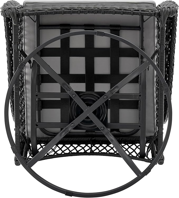 Manhattan Comfort Fruttuo 3-Piece Patio Conversation Set, Swivel Steel Rattan Chairs with Removable Cushions & Tempered Glass End Table, Weather-Resistant Outdoor Furniture for Backyard & Porch, Grey