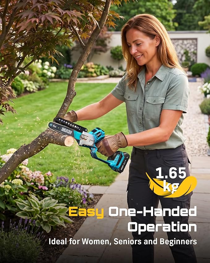 SEESII Brushless Mini Chainsaw 6 Inch, Handheld Saw with 2 * 2000 mAh Batteries, Cordless Chainsaw with Automatic Oiler, Compatible with Makita 18V Battery, Electric Saw for Tree Limb Branch Cutter