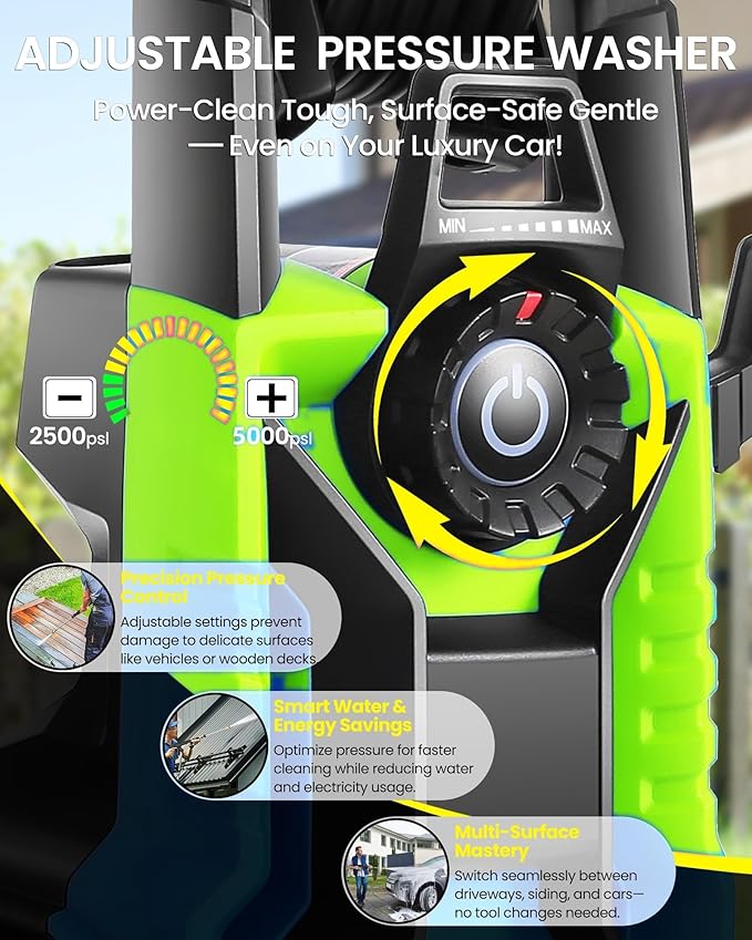 5000PSI Electric Pressure Washer, 2500-5000 PSI Adjustable Power Washer with 33ft Hose Reel, 4 Nozzles & Detergent Tank for Cars/Home/Driveways, Green