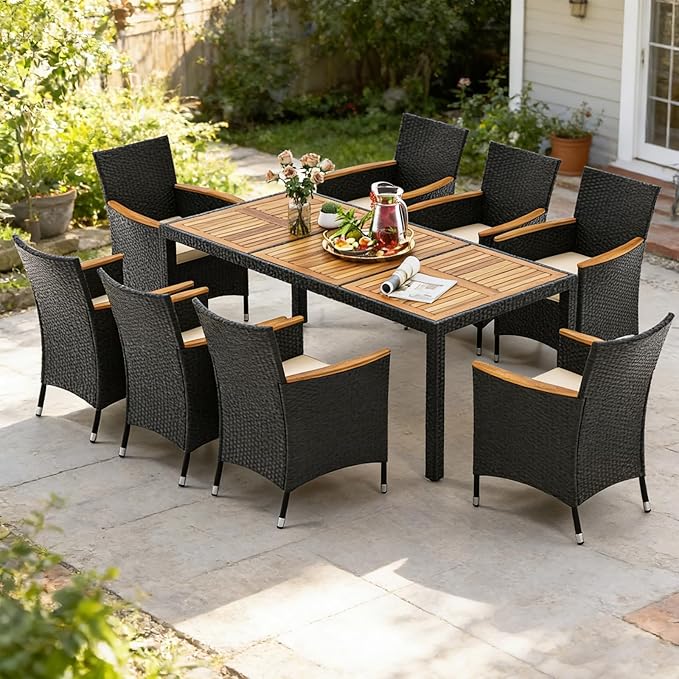 COSTWAY 9-Piece Patio Dining Set for 8, Outdoor Rattan Wicker Table and Chairs Furniture Set with Umbrella Hole, Acacia Wood Tabletop for Backyard, Balcony, Poolside, Black & Beige