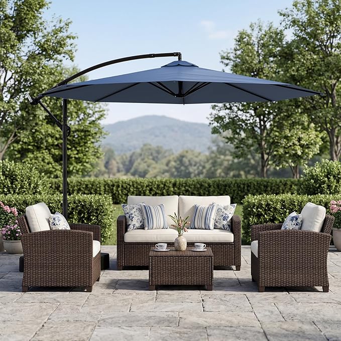 10FT Patio Umbrella with Base, Outdoor Umbrella Pool Umbrella Cantilever Umbrells - UV Protection, Easy Tilt & 360° Rotation for Poolside, Backyard & Garden