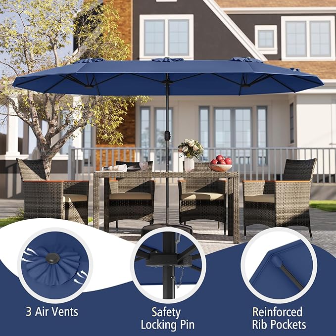 Tangkula 13FT Double-sided Patio Umbrella, Extra Large Twin Table Umbrella with Crank Handle, Umbrella Base, Safety Lock, Air Vent, Outdoor Market Umbrella for Garden Pool Backyard (Navy)