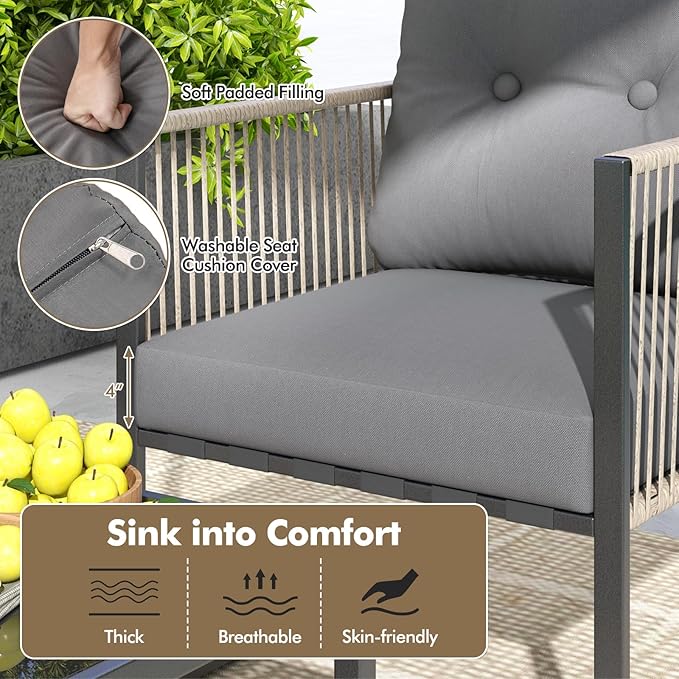 Tangkula 4 Pieces Patio Furniture Set, Outdoor PE Rattan Conversation Sofa Set with Thick Cushions and 2-Tier Tempered Glass Coffee Table for Garden, Porch, Balcony and Backyard (Grey,1)