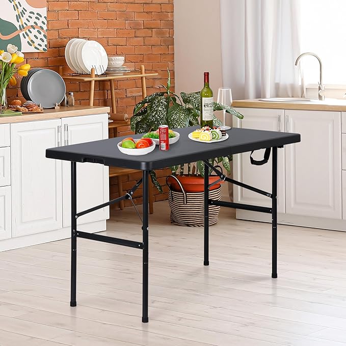 ZENY 4ft Portable Folding Table Plastic Indoor Outdoor Picnic Party Camp Dining Table with Handle, Black