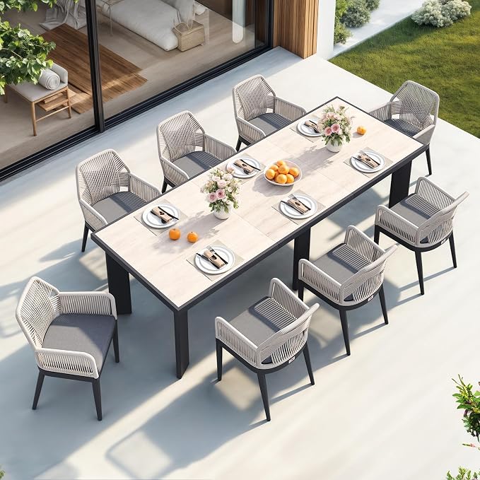 PURPLE LEAF 9 Pieces Patio Dining Set Aluminum Modern Rectangular Table and Rattan Arm Chairs with Cushions for Kitchen Porch Garden Outdoor Furniture Sets, Beige and Dark Grey