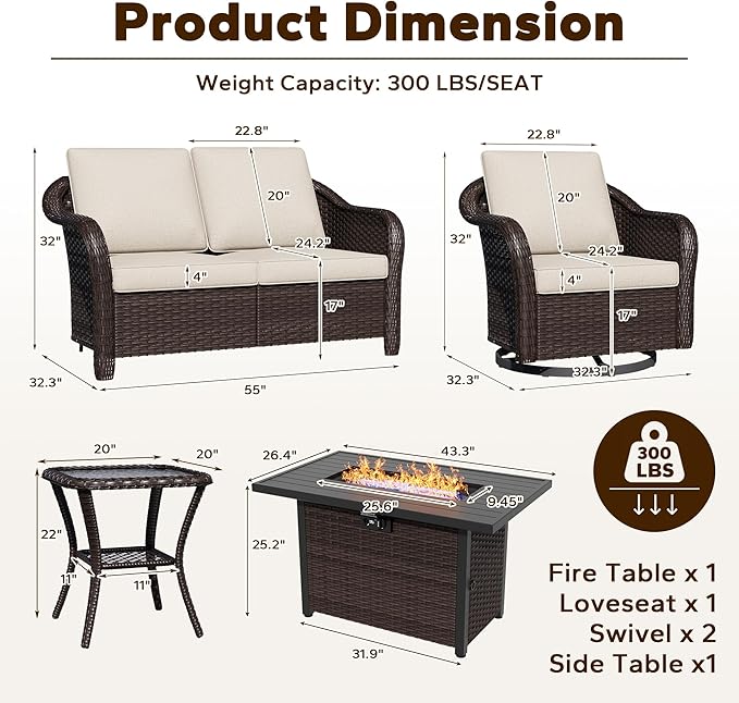 5 Piece Patio Wicker Conversation Set, All-Weather Use Outdoor Wicker Loveseat with 2 PE Rattan Ottomans,2 Swivel Chair, 1 Side Table, Ideal for Porch, Backyard, Balcony, Poolside, Beige