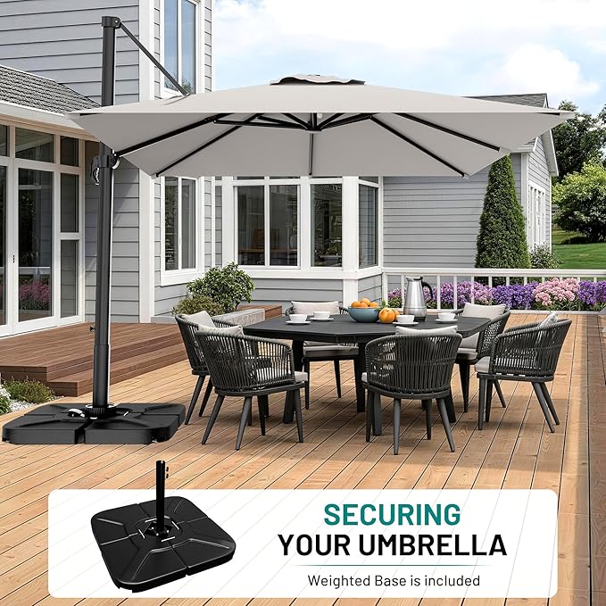 AreShark 10 × 10FT Square Cantilever Patio Umbrella with Base Included, 360° Rotation Offset Outdoor Umbrella, 5 Tilt Settings Heavy Duty Hanging Parasol for Deck Garden Pool, Light Grey