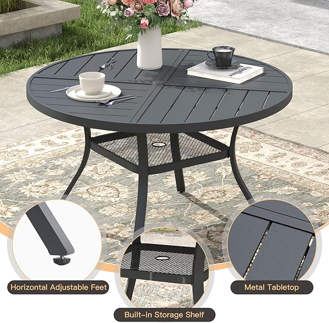 5 Pieces Outdoor Dining Set, Stackable Textilene Paito Chairs & 40.5" Round Dining Table with Umbrella Hole and Shelf, Patio Dining Set for Backyard, Deck, Garden, Grey & Dark Grey