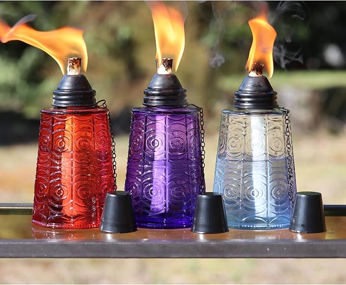 Seraphic Citronella Table Top Torches for Outdoor Patio, 16oz Decorative Glass Torch Citronella Candles for Outside Deck, Garden, Parties, Set of 3, Assorted