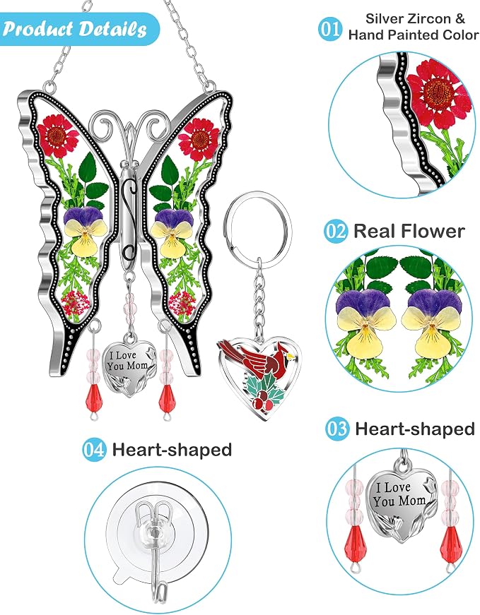 KY&BOSAM Butterfly Suncatcher I Love You Mom Gifts Window Hanging Decor | Wind Chimes,Metal,Pressed Flower ,Glass and Charm,Gifts for Mom Mother's Day Valentine's Birthday Thanksgiving Christmas