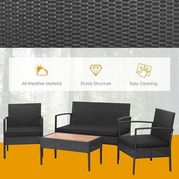 COSTWAY 8PCS Patio Rattan Furniture Set Cushioned Chair Wooden Tabletop Black