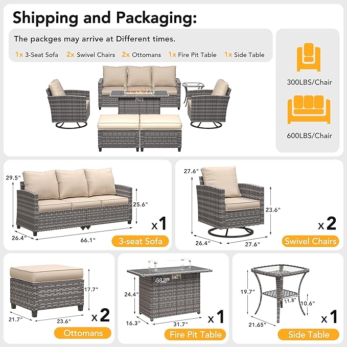 7 Pieces Patio Furniture Set with 44" Fire Pit Table, Outdoor Sectional Conversation Sets with Swivel Chair, Gas Fire Pit, Ottomans, Side Table, 4" Thick Cushion，for Backyard Garden Deck, Khaki