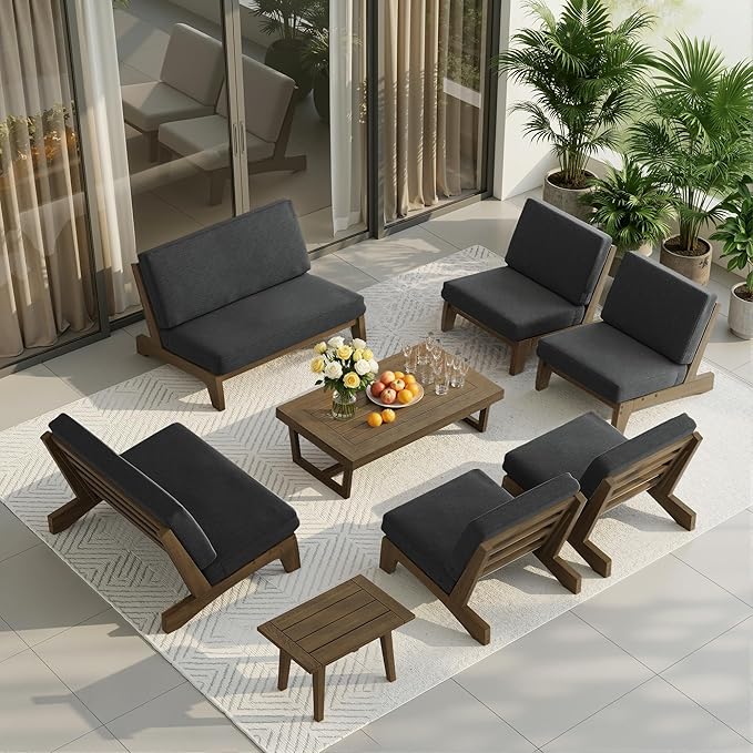 UIXE 8 Pieces Wood Patio Furniture Sets, 2 Patio Loveseat, 4 Patio Bistro Chair, All Weather Outdoor Sectional Sofa Furniture Backyard Conversation Set with Coffee Table - Dark Gray