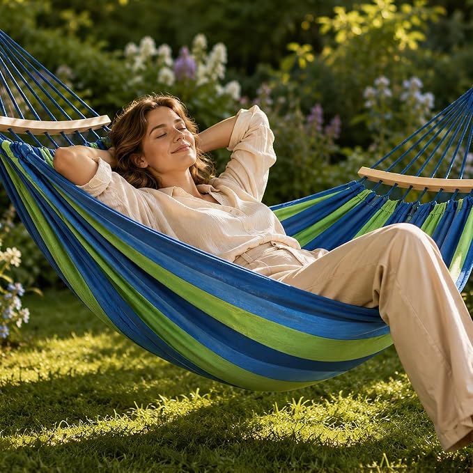 2 Person Outdoor Double Hammock,Heavy Duty Fabric Canvas Hammock with Carry Bag & Removable Spreader Bar, Portable Tree Hammock 550lbs Capacity for Porch Garden Patio Backyard Indoor Outdoor Blue